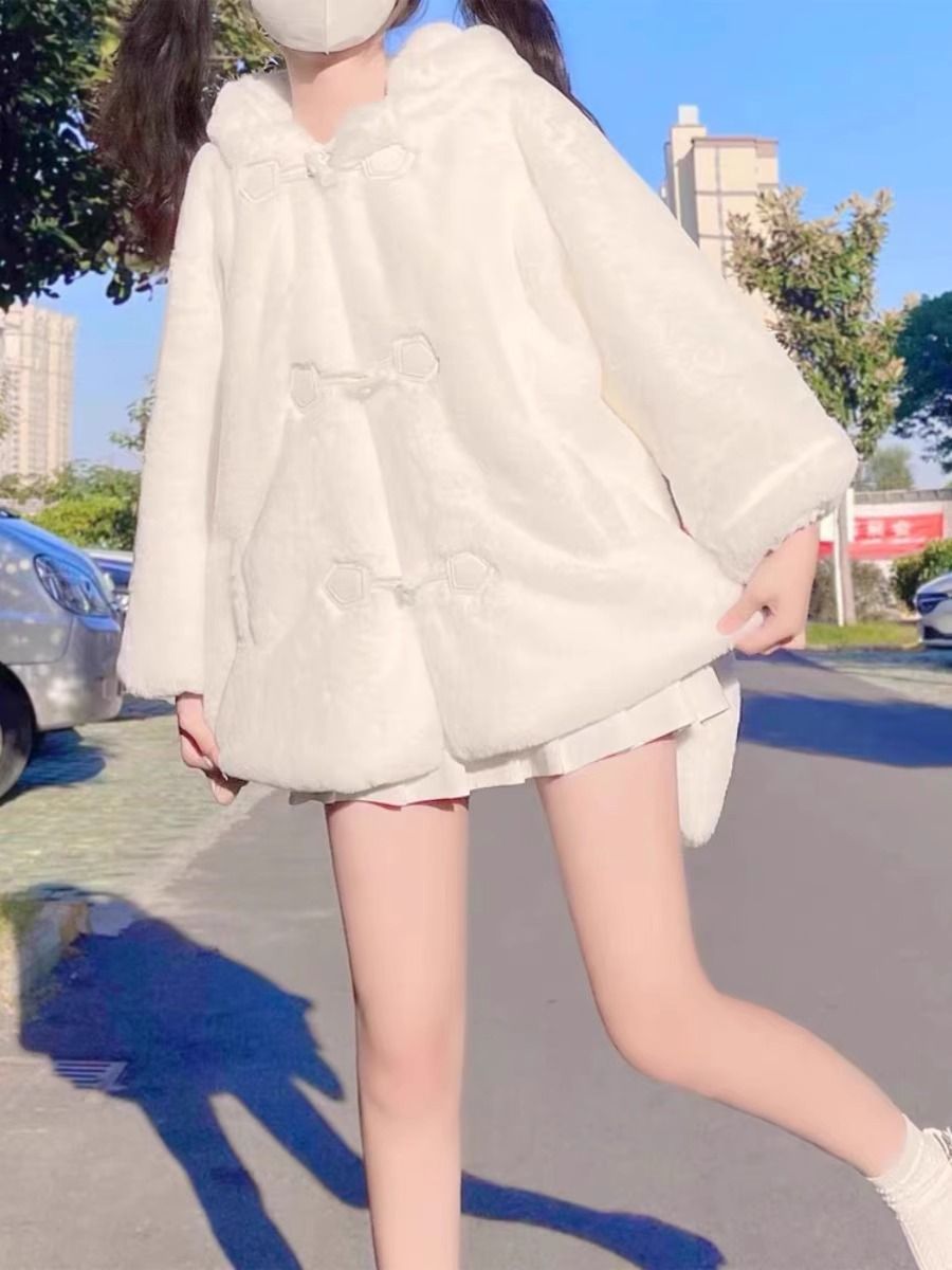 獭兔毛兔耳朵毛绒绒皮草外套女2023冬季加绒加厚日系学院可爱棉服