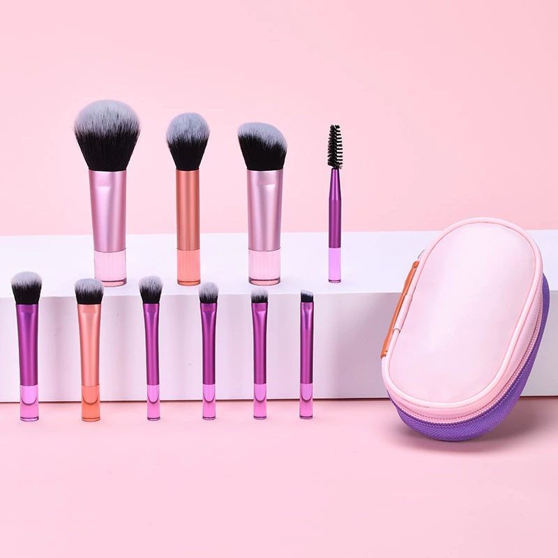 Makeup Brush Set 10-piece mini handheld foundation kit, beginner-friendly with portable pouch