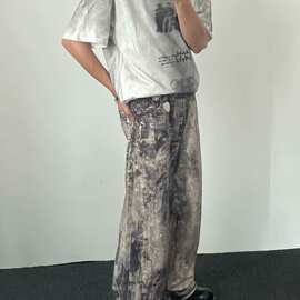 重磅脏脏泼墨数码印花直筒牛仔裤男女阔腿垂感水洗做旧微喇拖地裤