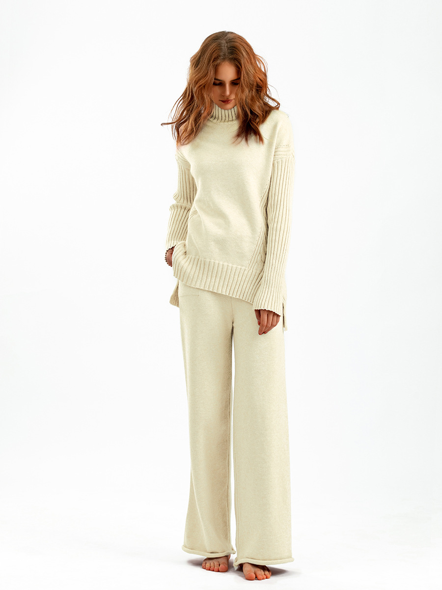 Station de vêtements pour femmes 2023 automne et hiver nouveau costume de chandail de style de mode drapé tricoté pantalon à jambes larges costume deux pièces mode féminine_voghion.com