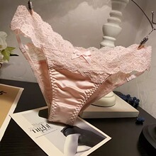 光面少女款蕾丝蝴蝶结丁字裤女士三角低腰内裤镂空网纱性感绸缎