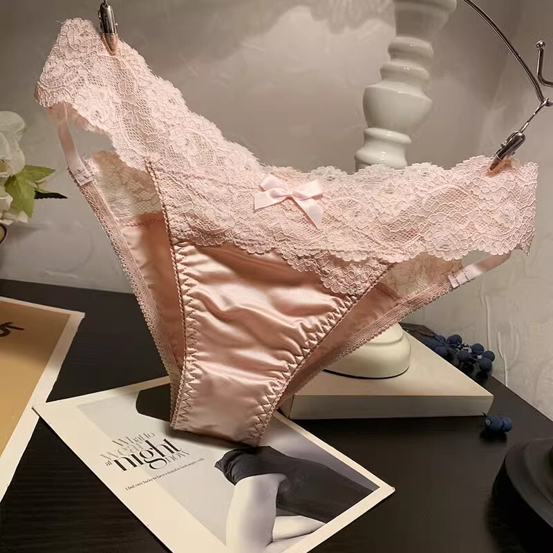 Glossy Girly Lace Bow Thong Women's Triangular Low Waist Panties Hollow Mesh Sexy Satin