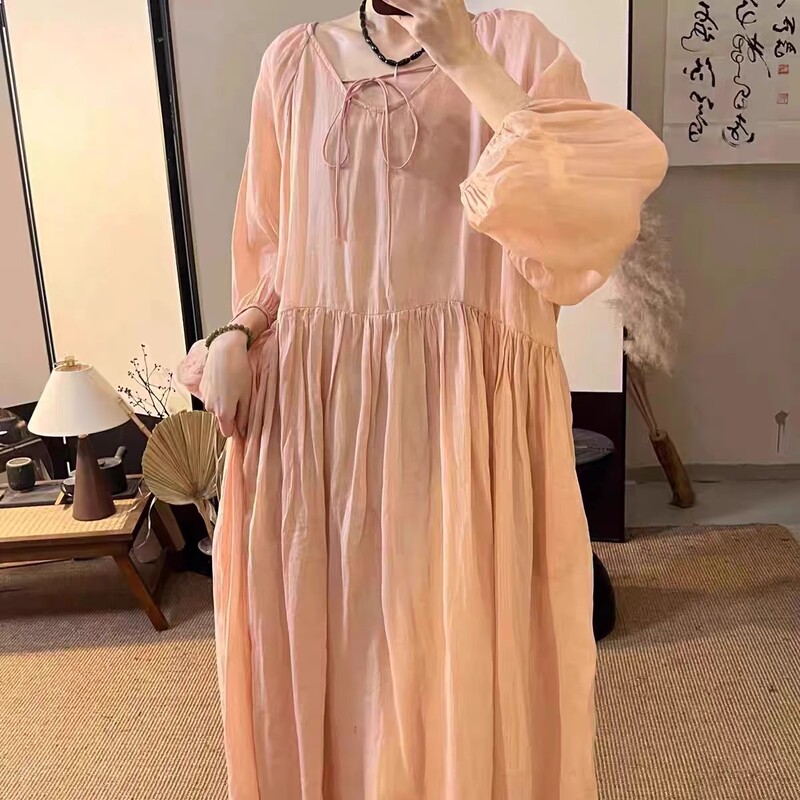 Heart-Shaped Collar Lace-Up Lantern Sleeve Double-Layer Ramie Dress Pure Version French Gentle Style Long Skirt for Women