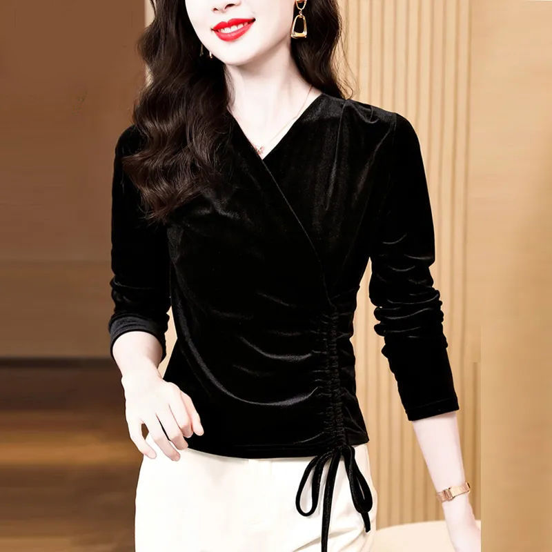 High-End Velvet T-Shirt Women's Top V Neck Lace Bottoming Shirt with 2025 Spring & Fall New Style Noble and Western Style Shirt