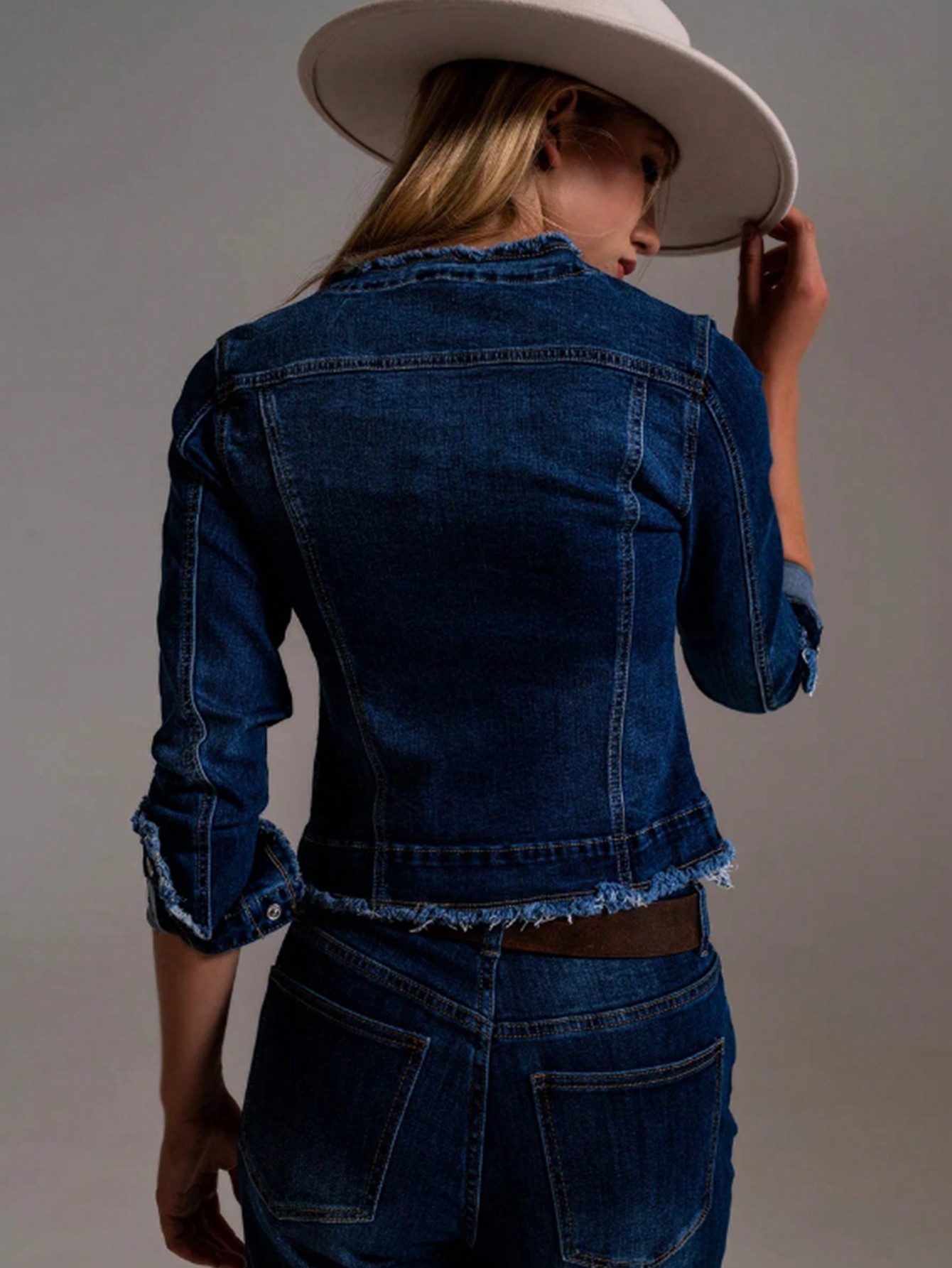 Women's Raw Edge Denim Jacket – Dark Blue, Inspired Cropped Style (S-XXL, European/US Sizing)_ecoleips.com