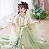 Hanfu для девочек, новинка 2025 года, весна/лето, супер фея, зеленая рубашка с длинными рукавами и юбкой в древнем стиле с перекрестным воротником, костюм для выступлений в китайском стиле.