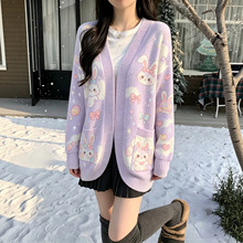 韩系卡通针织开衫女 V 领口袋毛衣外套温柔风宽松外搭数码印花