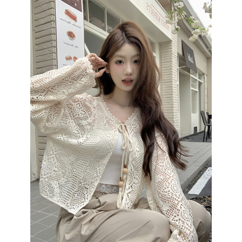 2024 Spring and Summer New Sunscreen Lace Cardigan Vacation Braided Hollow Short Jacket Small Shirt with Tie