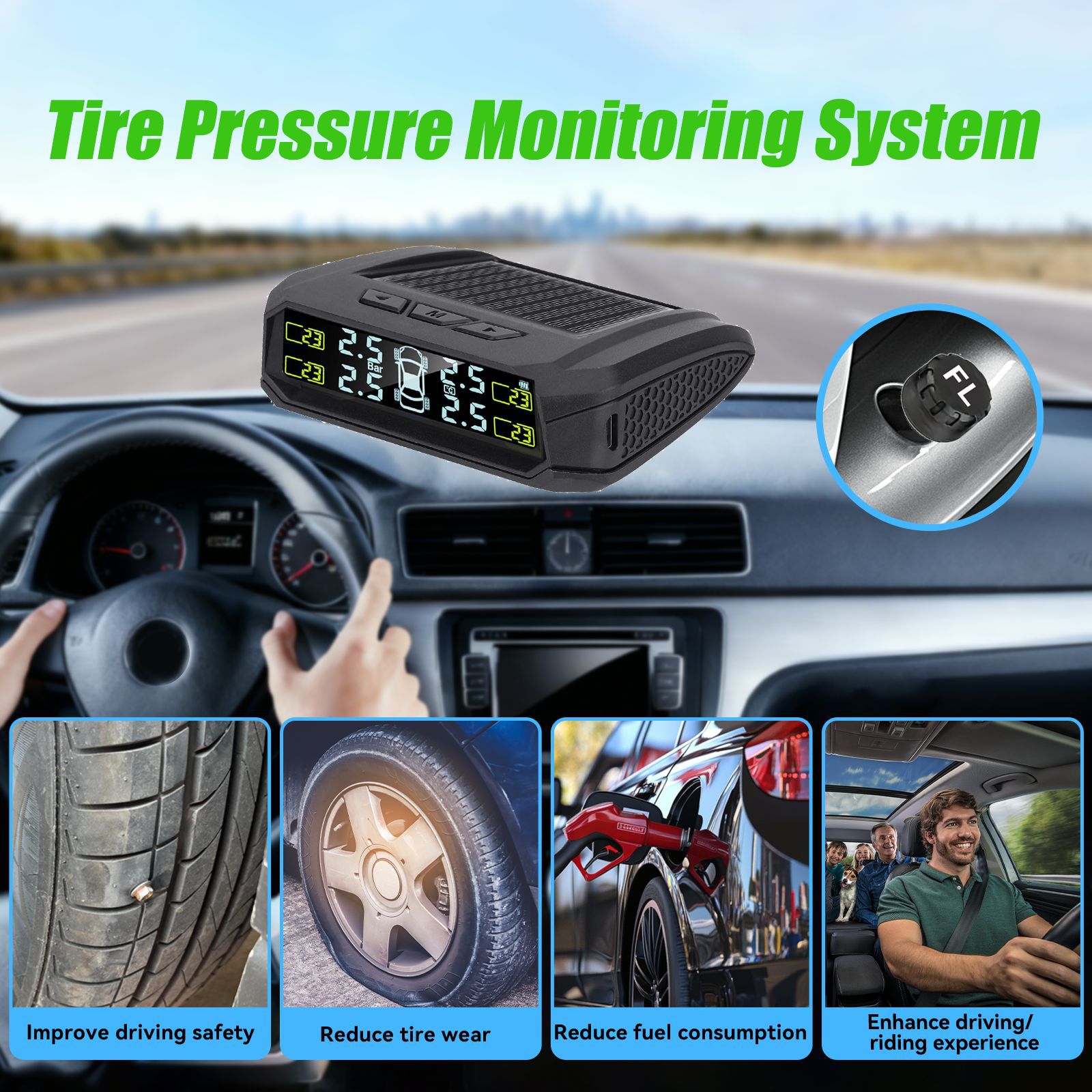 Tire Pressure Monitor Solar-Powered 4-Wheel Color Screen Digital Display Detector Wireless High-Precision Intelligent Tpms Air Pressure Detection