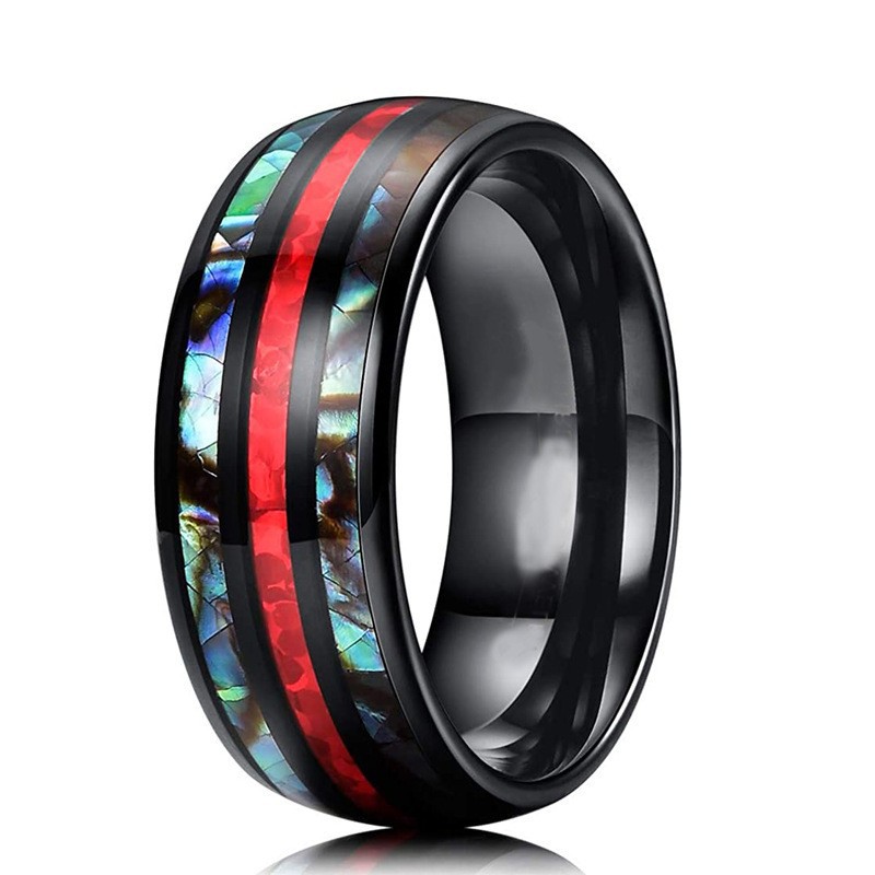 Cool Men's Ring with Real Shell Inlay, Refreshing Essential Ring for Men, 8mm Black Three-Slot Shell with Red