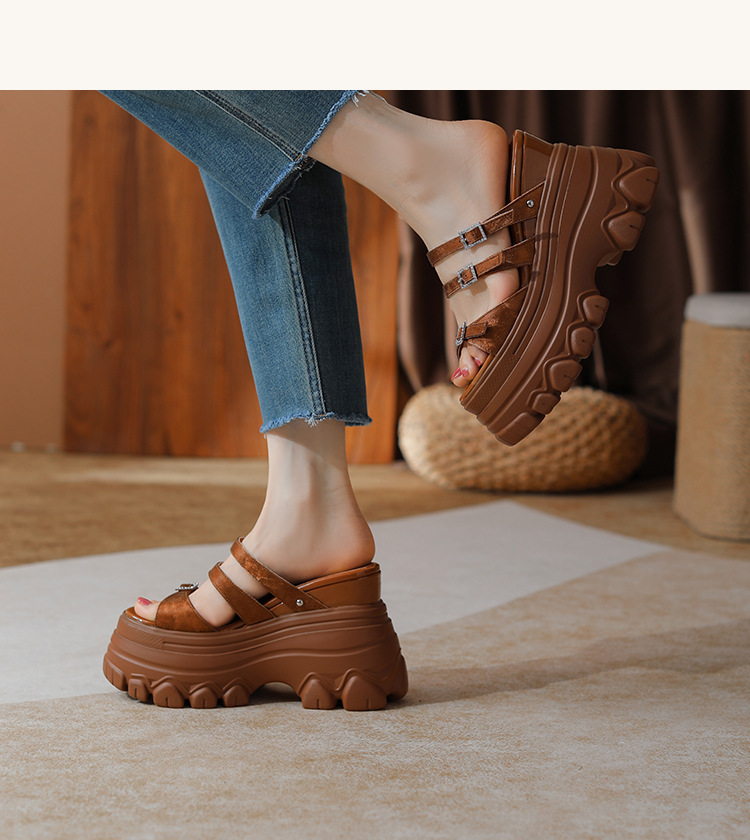 Sandal cao gót nữ đế xuồng 12cm da bò nguyên chất quai ngang — Màu đen, Màu trắng be, Màu hạnh nhân đậm chi tiết 12