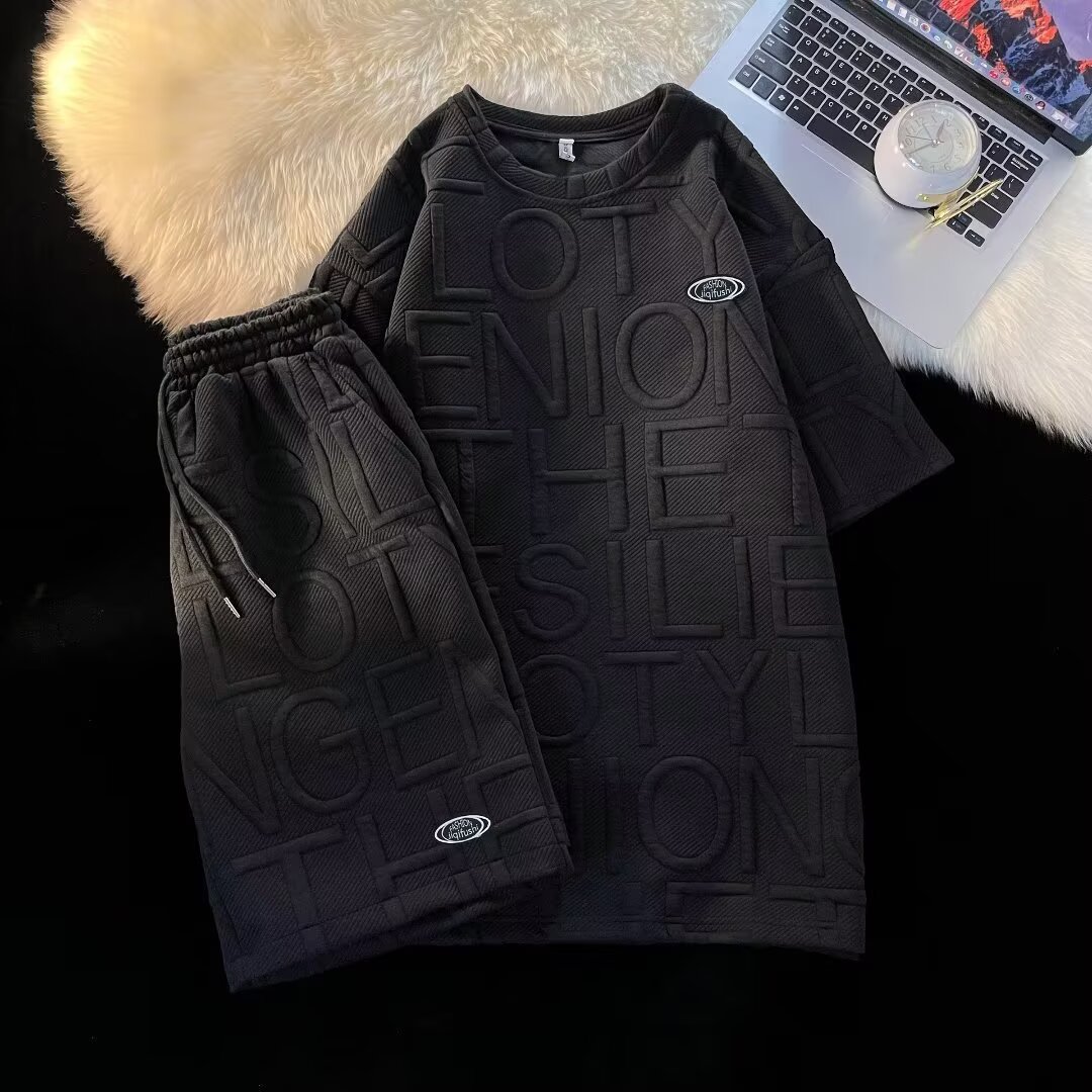Koreanischer Waffelpiqué-Freizeitanzug für Herren: Kurzarm-T-Shirt und Fünf-Punkt-Hose – Trendig, vielseitig, einfarbig, Sommer-Neuheit_voghion.com