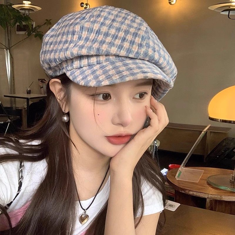 Large face showing duckbill tongue beret cloud painter Korean version ins versatile artistic plaid newsboy hat_viptrois.com