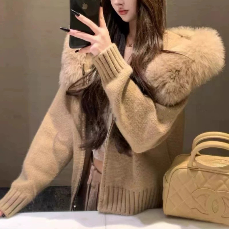 25秋冬新款连帽短款时尚洋气针织开衫小个子仿狐狸毛领外套女毛衣|undefined
