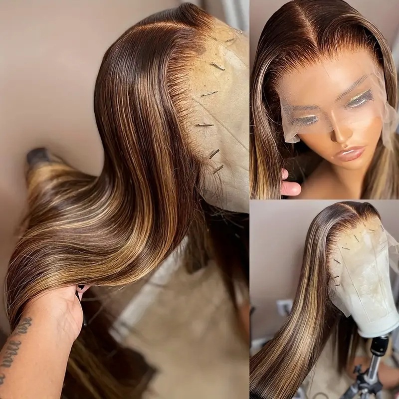 Perruque tendance couleur piano, raie au milieu, cheveux longs et lisses, extensions couvrant toute la tête avec tulle frontal._voghion.com