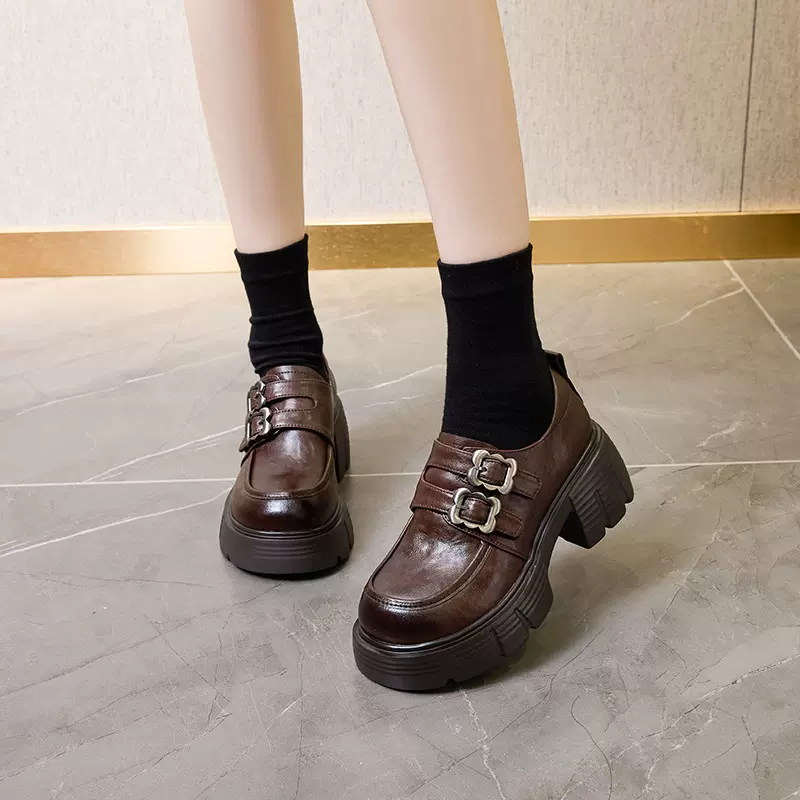 厚底小皮鞋女配裙子高跟乐福鞋2025春季新款真皮复古百搭增高单鞋