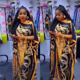 速卖通tiktok2023新款印花长袍子非洲女装含围巾 两件套 连衣裙