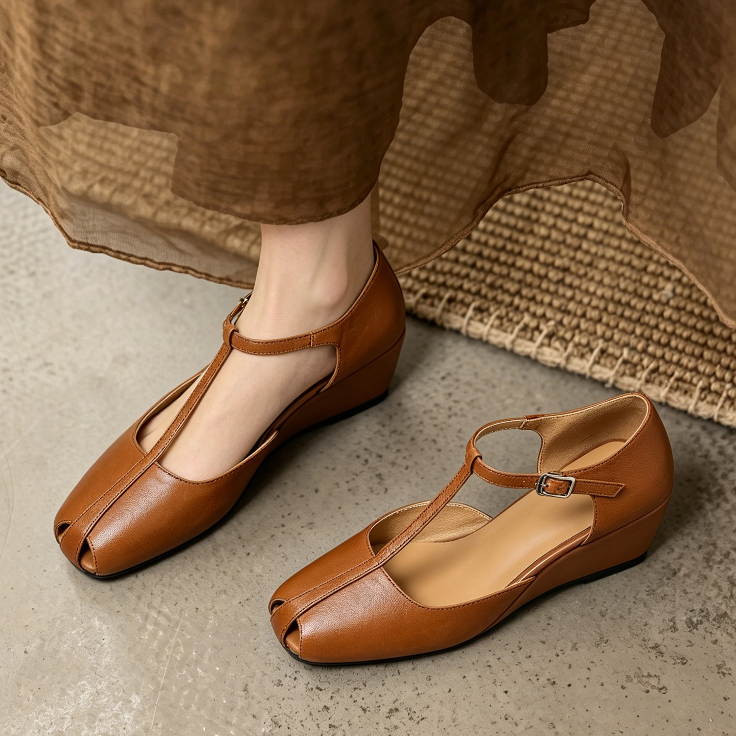 Sandal nữ cao gót phong cách Pháp cổ điển, quai chữ T, gót xuồng, mũi hở — màu nâu