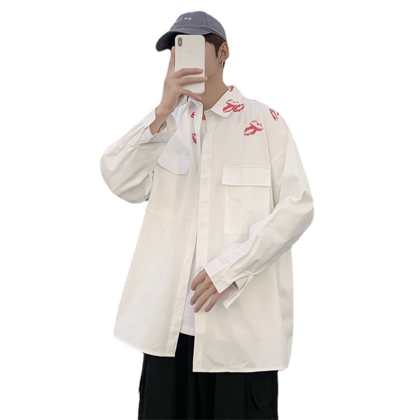 Lápiz labial impreso cityboy camisa blanca diseño de los hombres sentido nicho pareja abrigo marca de moda ins camisa chic interior