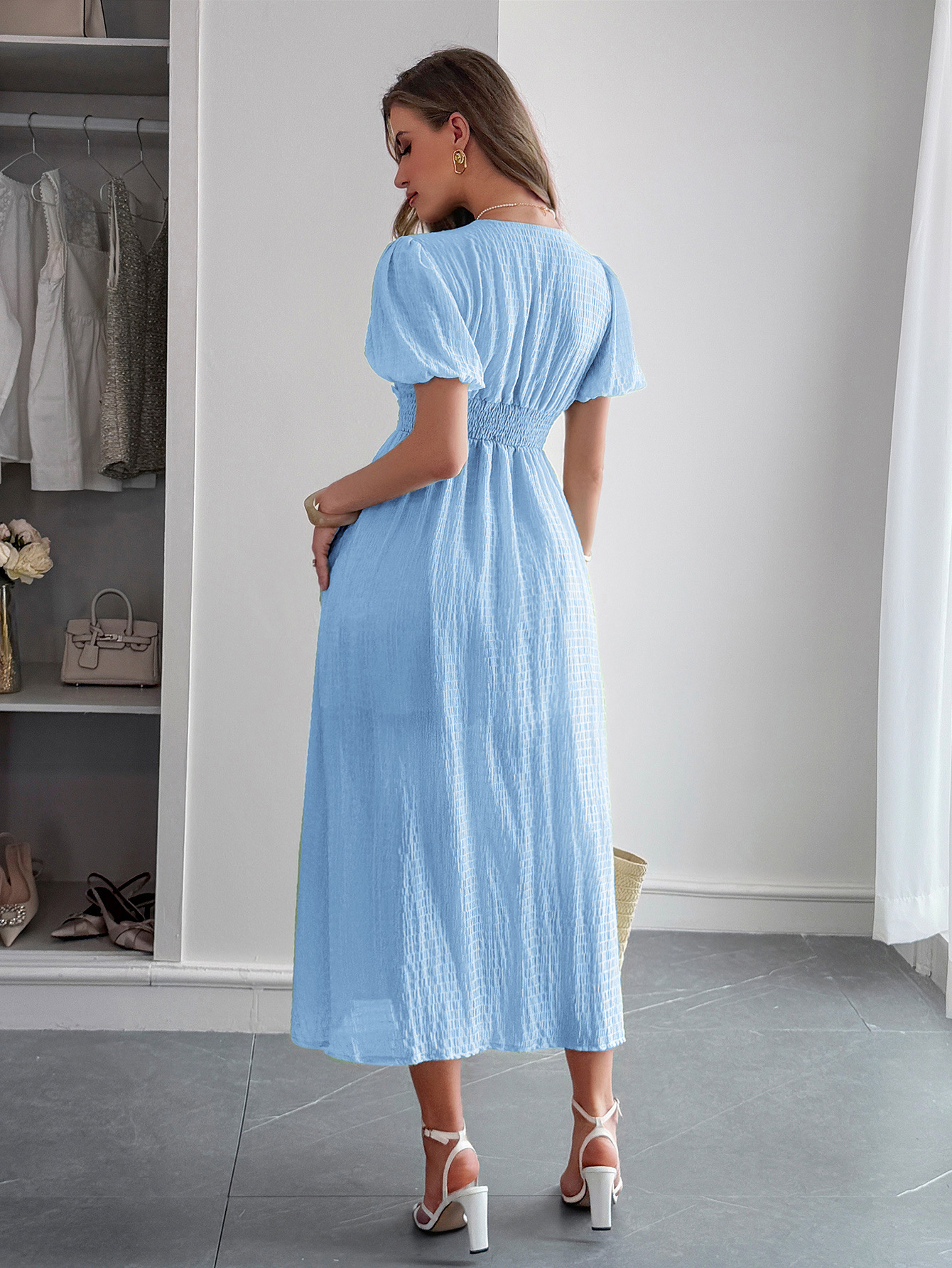 327g Weight Midi Dress Dress Length Type Short Sleeve Sleeve Length Sheath Dress Dresses Type Polyester Fabric Type Mid Waist Waist Line Casual, Daily Occasion V Neck Neckline Slim Fit Type Solid Color Pattern Summer Season Women's Gender Vacation Style Wholesale Women's Vacation Solid Color Casual Daily V Neck Short Sleeve Sheath Dress 13