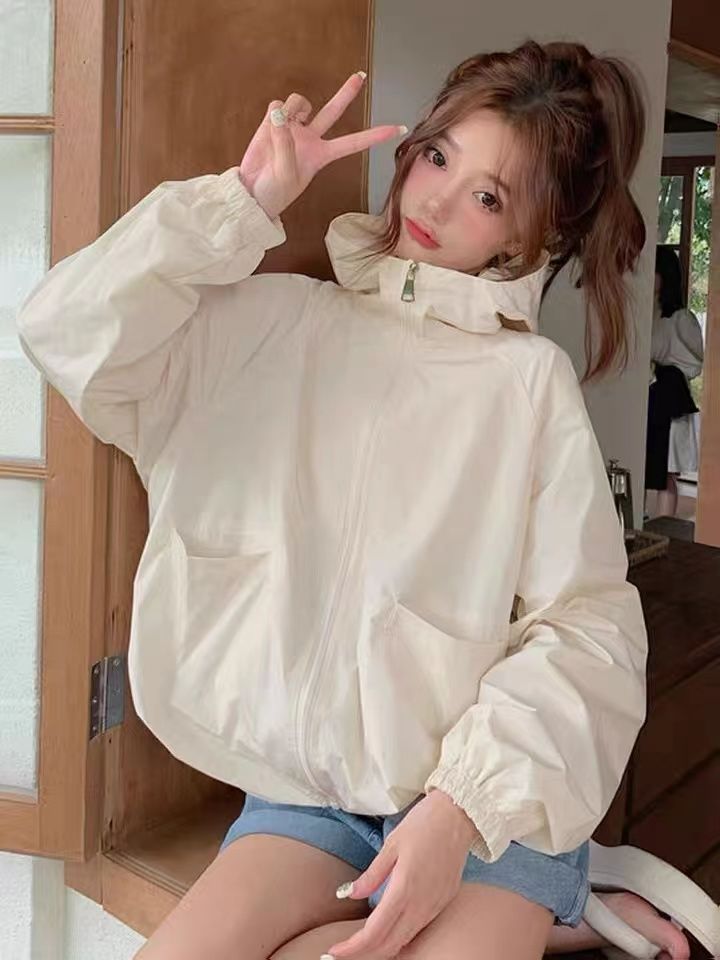 ピンクの日焼け止めジャケット、女性用、2025年、小柄な人向け、ストリートスタイル、フード付きトップス、多用途、ファッショナブル、カジュアル、日よけ