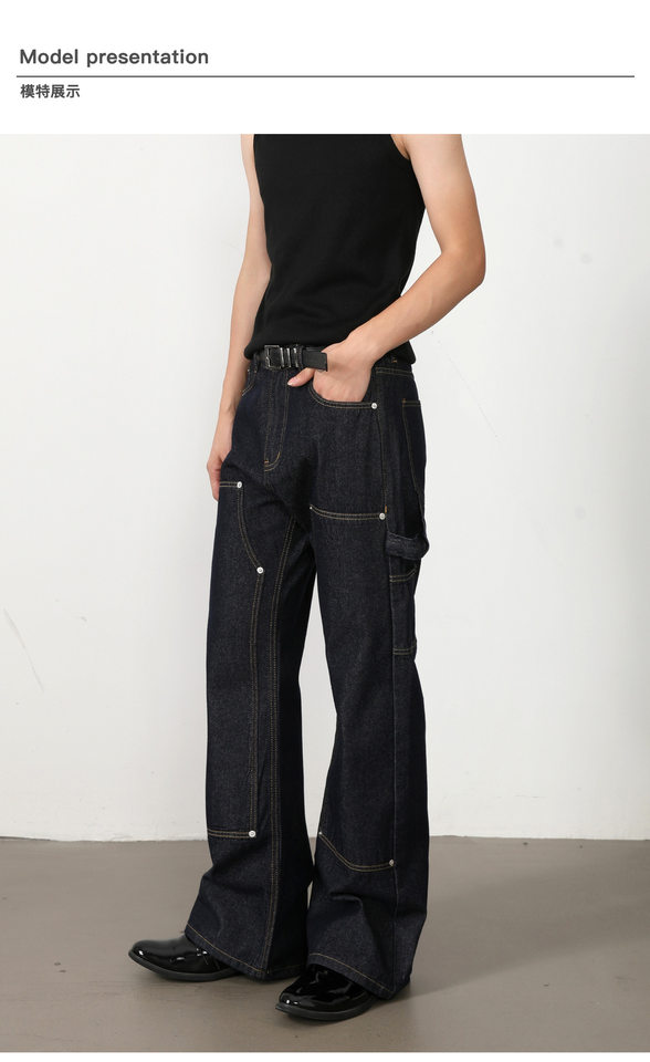Quần jean nam ống loe nhẹ dáng chữ A phong cách đường phố, cạp vừa, dài — Xanh denim chi tiết 9