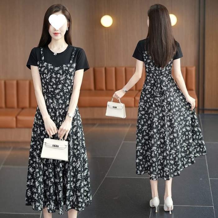 2025新款连衣裙女洋气拼接短袖长裙假两件遮肚显瘦胖mm气质碎花裙|undefined