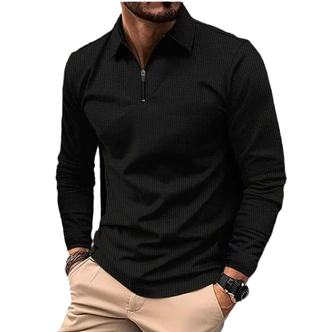Comfortable Long-Sleeve Honeycomb Polo Shirt for Men - Western Style, Plus Size, Summer, Thin, Solid Color