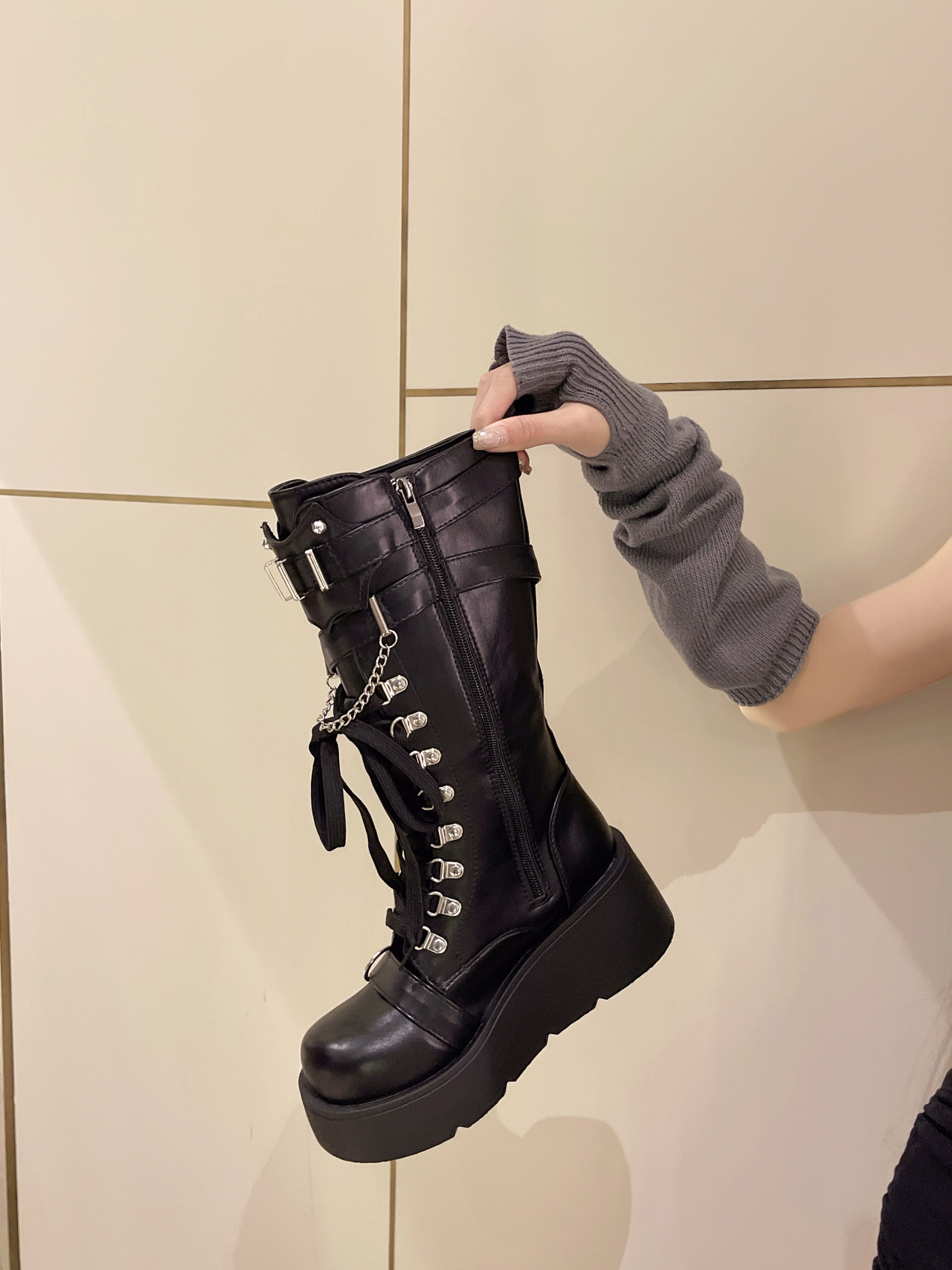 Women's Shoes rivet buckle thick heel mid tube boots women's Gothic punk style knight boots _voghion.com