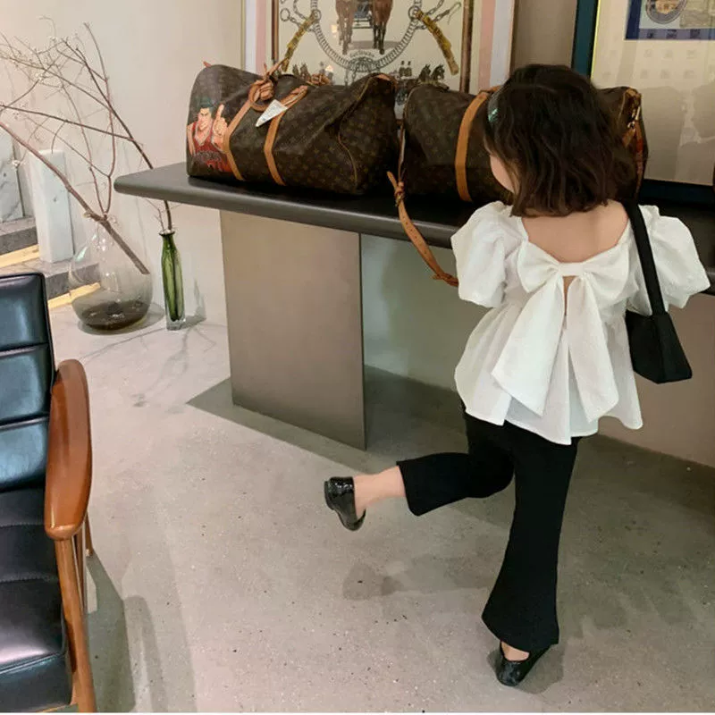 Детская рубашка для девочек Летний набор 2022 рукава пузырь рукава рубашка с рюшами новый рубашка с короткими рукавами