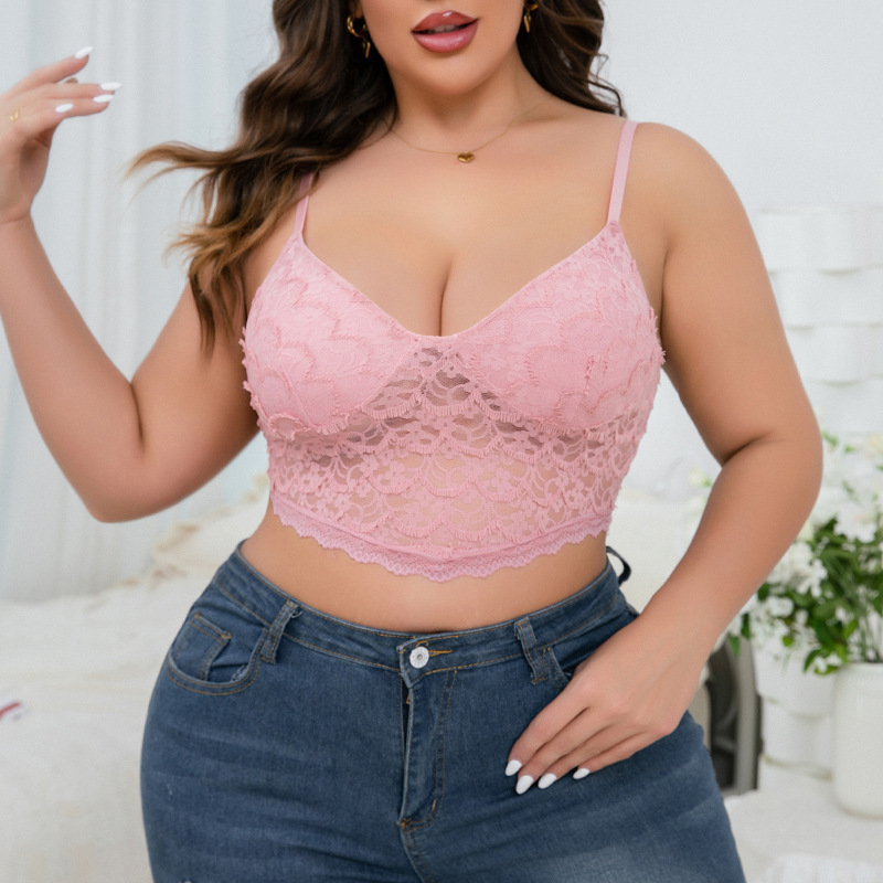 Sujetador sin aros para mujer de talla grande, estilo europeo y americano, lencería sexy, camisola transparente de encaje