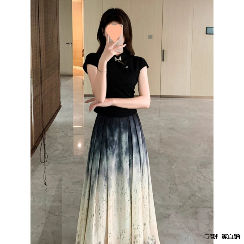 韓国の夏の新しい中国風のバタフライバックルスリム半袖トップ+水墨画スカートスーツ女性と路|undefined