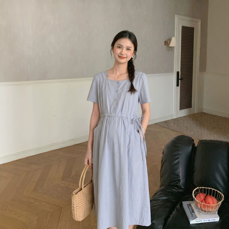 Summer New Maternity Wear, Artistic Cotton Ladylike Maternity Solid Color Drawstring Dress, Loose and Comfortable Short-Sleeved Dress Summer New Maternity Wear, Artistic Cotton Ladylike Maternity Solid Color Drawstring Dress, Loose and Comfortable Short-Sleeved Dress