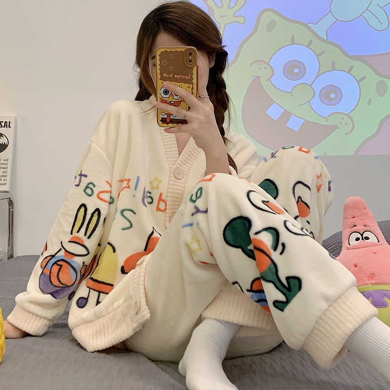 睡衣女秋冬季珊瑚绒加厚保暖韩版束口卡通可爱法兰绒家居服套装女|undefined