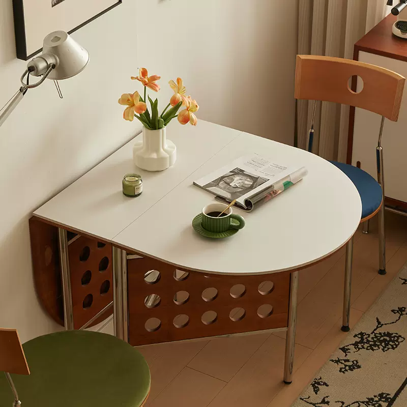 可折叠岩板餐桌椅组合椭圆北欧中古风家用小户型木质伸缩餐桌岩板