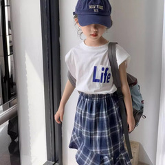 童裝2024夏女童無袖墊肩t恤衫+設計感格子裙套裝中大童女童兩件套