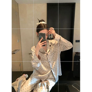 法式纯欲少女波点印花长袖睡衣女秋季新款开衫长裤家居服大码套装