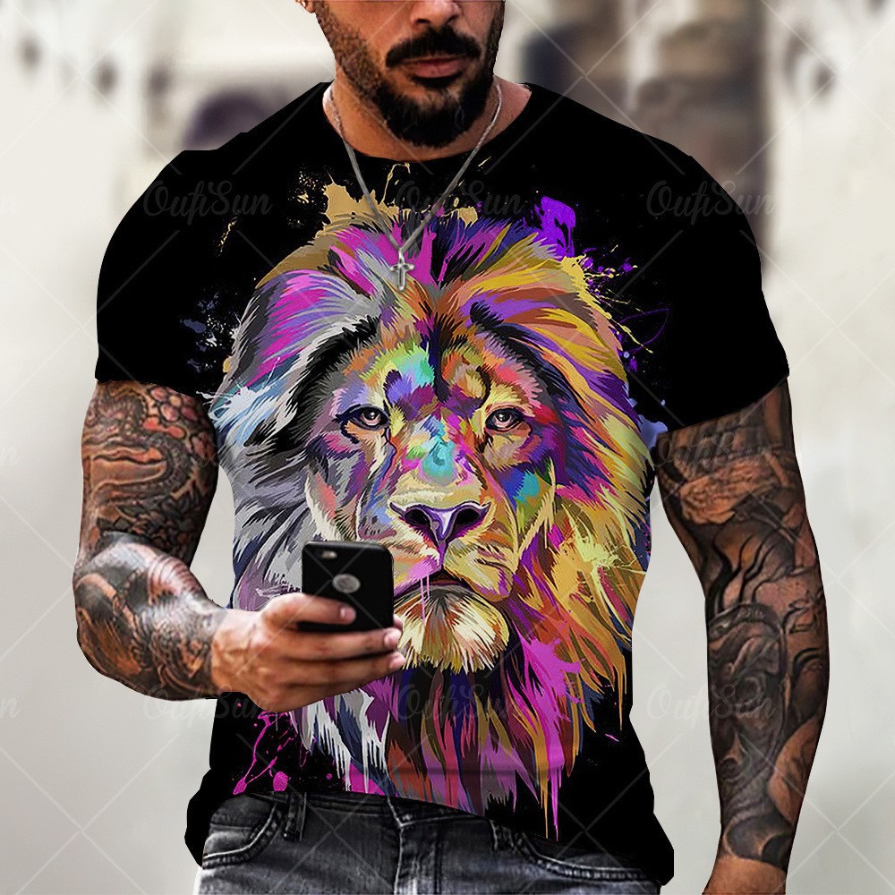 Arte abstracto pintura al óleo colorida león 3d impresión digital para hombres moda callejera transpirable suelta camiseta de manga corta