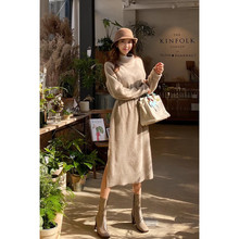 跨境秋冬高领针织连衣裙女 温柔风宽松显瘦中长款开叉毛衣裙子