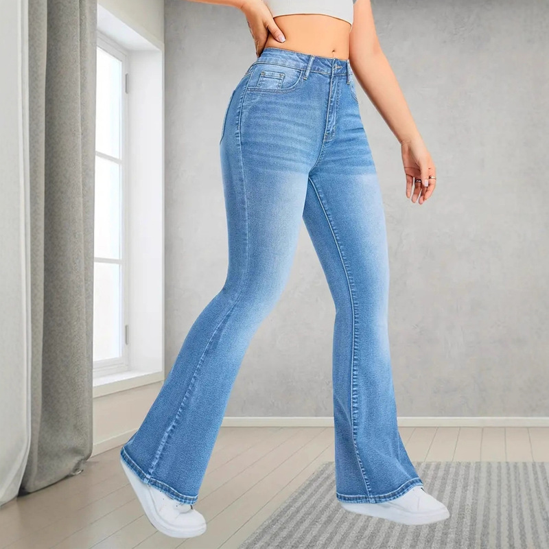 跨境JEANS修身欧美时尚长裤喇叭裤显瘦浅蓝弹力女低腰牛仔裤25独|undefined