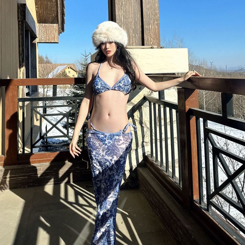 Cos Mini【Blue and White Porcelain】New Chinese Style Ink Painting Print Three-Piece Swimsuit Set Vase Swimwear Vacation
