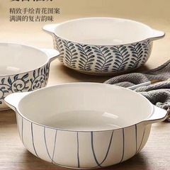 和風陶器双耳スープポット、シチューポット、スープボウル、スープ入れ、麺鉢、漬物魚、かたつむり麺、家庭用下絵付けカラー、大容量