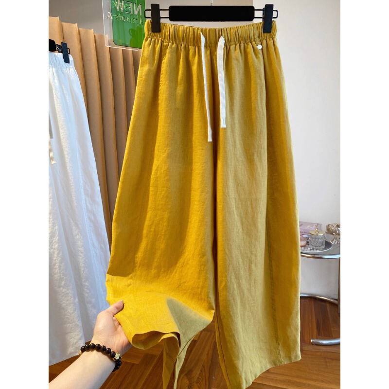 女性のための黄色の綿とリネンのシミターパンツ 2025 夏の新しいルーズで軽い痩身 9 点パンツストレートパンツ|undefined