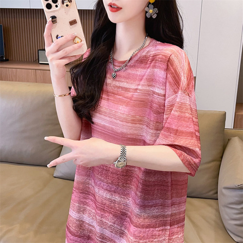 95% polyester, 5% spandex, exclusively for European size, Heyin tie-dye striped short-sleeve T-shirt for women