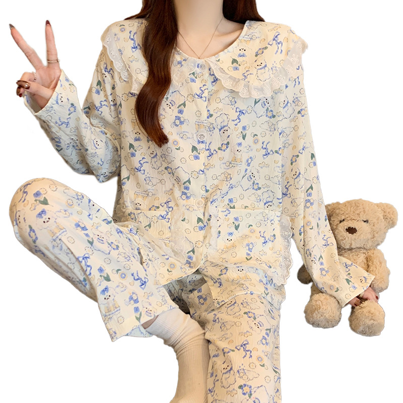 Primavera nueva nube de algodón pijama de otoño delgado flores dulces red en vivo ropa casera casera de dos piezas