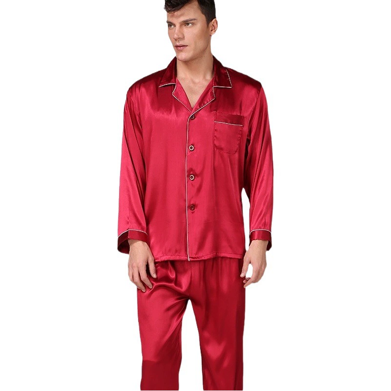 Трансграничная черная шелковая ледяная пижама мужской летний длинный рукав сплошной цветной костюм летний большой размер внешней торговли мужская домашняя одежда