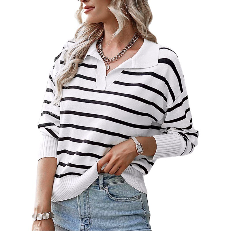 2023 Внешняя торговля Новые продукты Amazon Горячие продажи Европейский и американский стиль Трансграничный женский трикотаж Повседневный трикотаж в полоску с лацканами