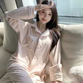 冬季新款海岛绒保暖睡衣女压花蝴蝶结开衫套装加厚休闲家居服工厂