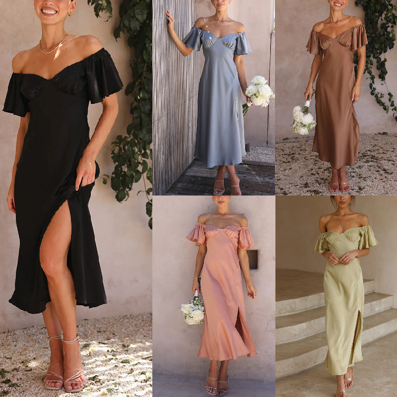 Foreign Trade Cross-border Independent Station 2023 Casual Women's Clothing Solid Color Satin Short-sleeved Sexy One-collar Pleated Dress