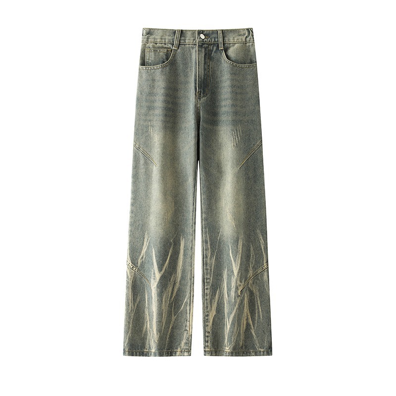Mud amarillo teñido de lavado con espiga jeans hombre estilo americano delgado microbolar estrecho piso de cintura alta pantalones de cemento